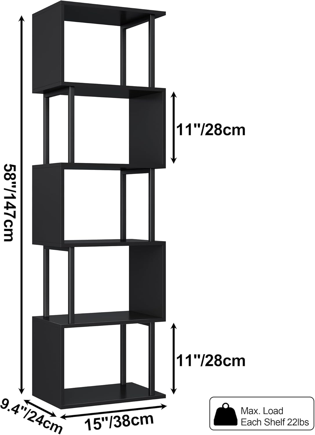Yusong Bookshelf 5-Tier, Geometric Bookcase S Shaped Book Shelves for Bedroom, Modern Wood Decorative Display Shelf Corner for Home Office, Black