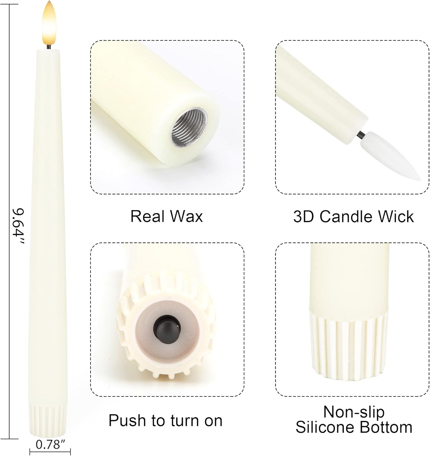 Flameless Taper Candles with 3D Wick, 9.6" Real Wax LED Candles with 2 Remote and Timer, 6 Pack Flickering Candlesticks Battery Operated, Classic Tall Taper Candle for Home, Wedding, Party, Ivory