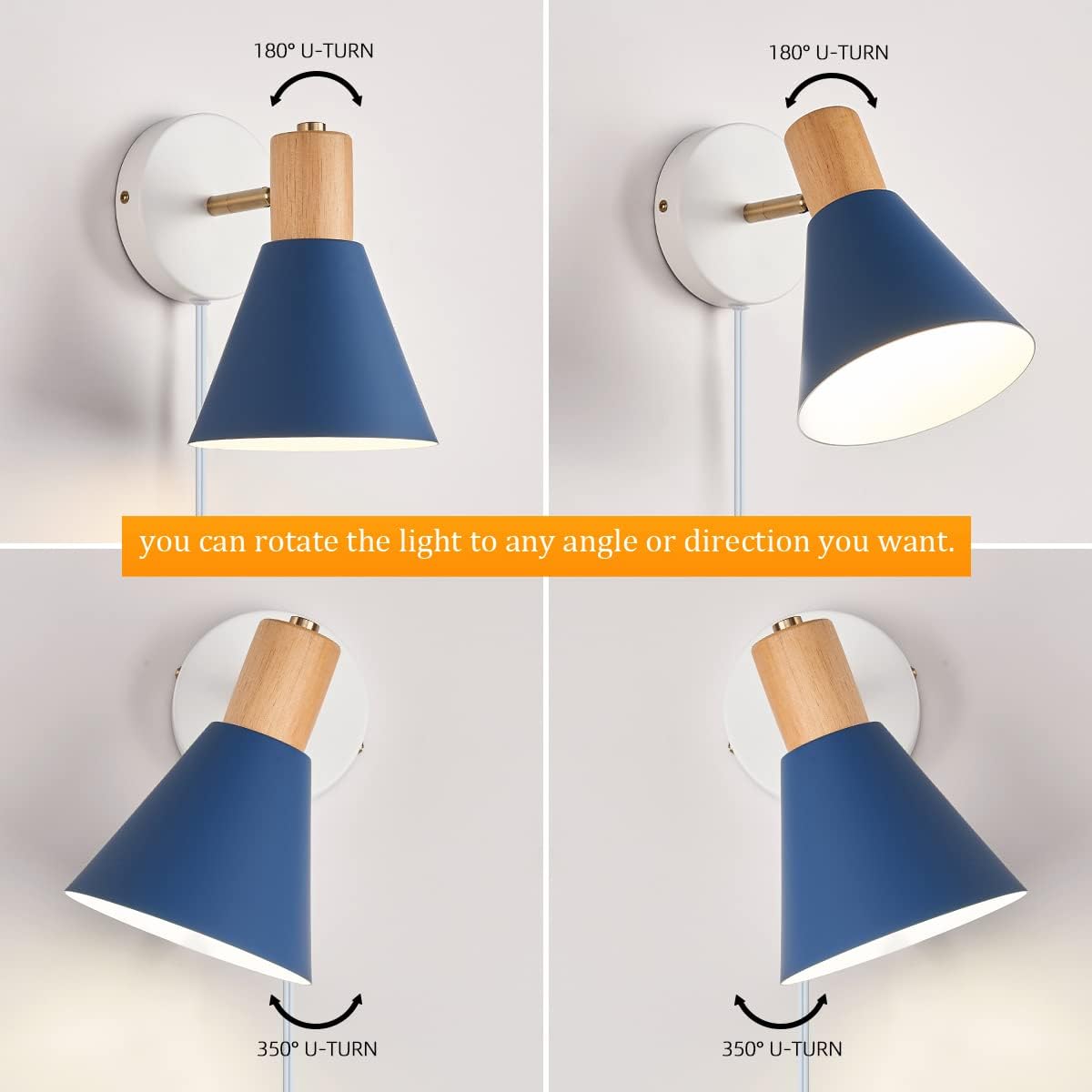 Plug in Wall Sconces Lighting Fixture, Wooden Adjustable Bedside Wall lamp for Industrial Bedroom, Living Room Bathroom Sink Lighting (1, Blue)