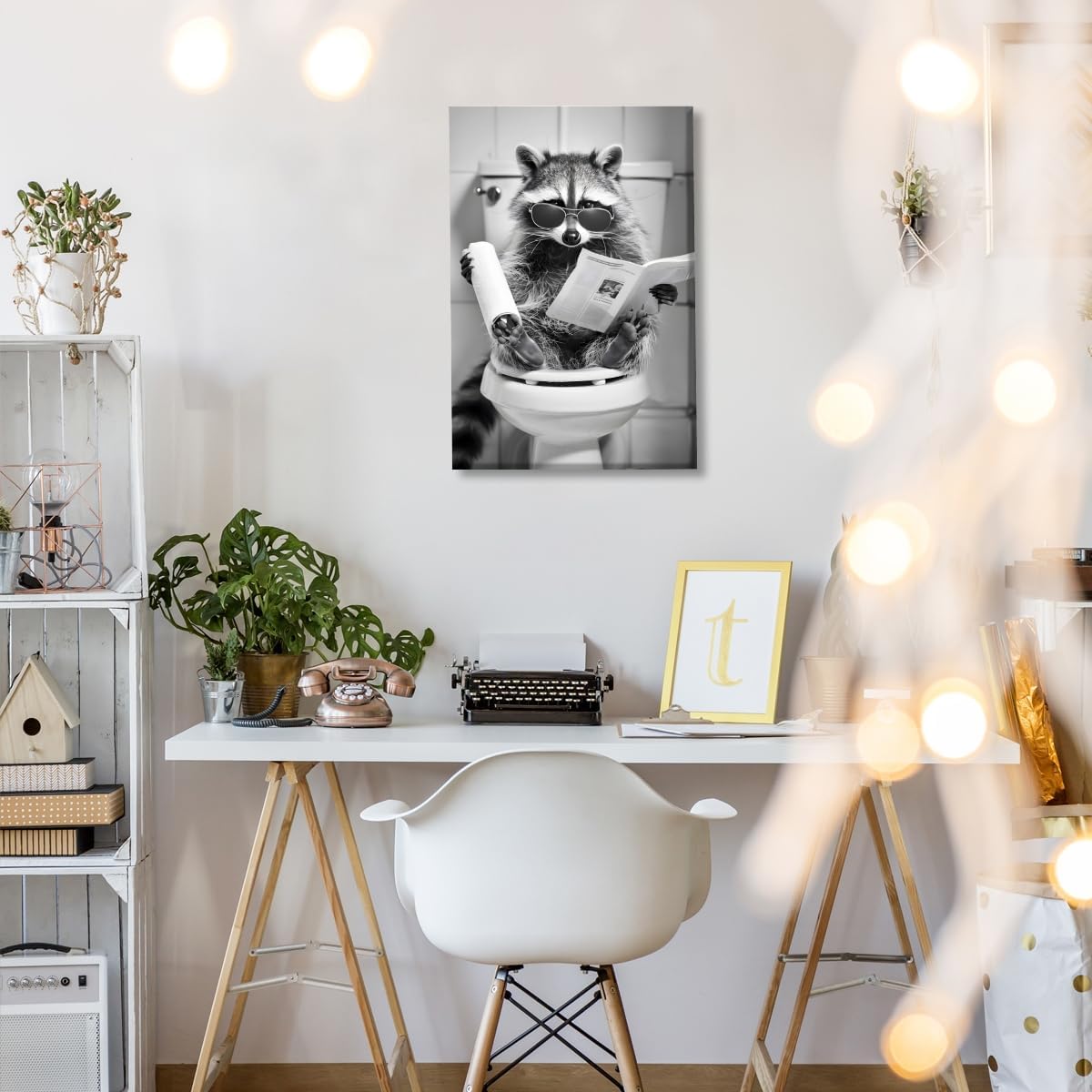 Funny Bathroom Wall Art Raccoon on Toilet Reading Newspaper Poster Trendy Black and White Art Aesthetic Canvas Prints for Bedroom Toilet Wall Decor12x18inch Unframed