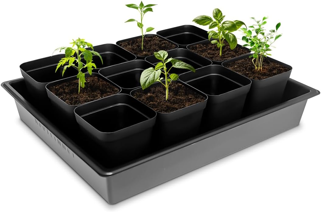 Seed Starter Tray, 5 Packs Plant Tray, Durable Plastic Growing Trays, Stackable Seedling Starter Trays Perfect for Indoor, Outdoor, Greenhouses, 16.5" L x 13.2" W x 2.8" H - Black