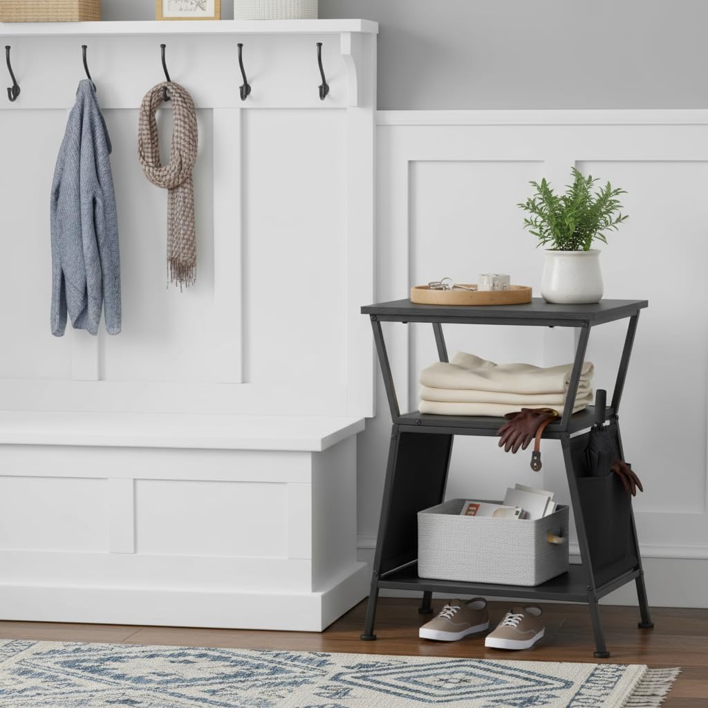 End Table with Storage Bag, Three-Tier Trapezoidal Side Table with Storage Bag, Corner Table Sofa End Table for Living Room Bedroom