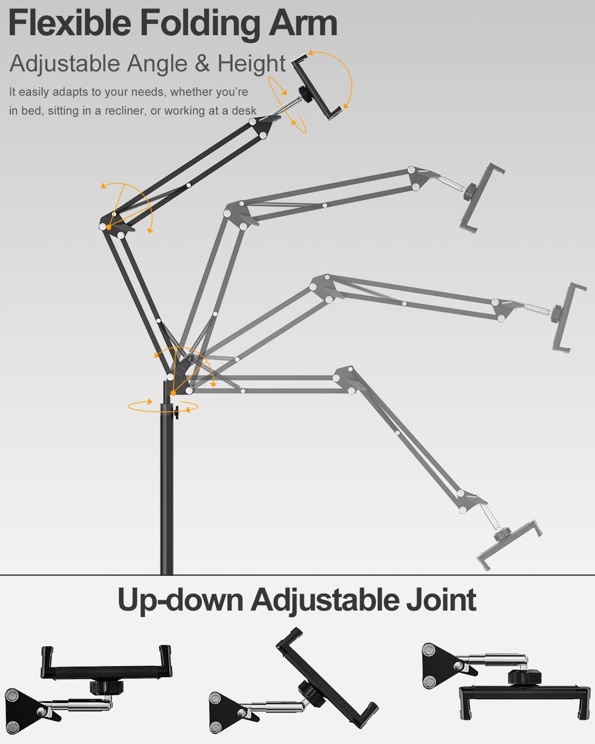 Tablet Floor Stand with 11lb Stable Base & Desk Clamp, Adjustable Height Stretchable Arm Swivel Dual Holder, Compatible with iPhone, iPad Pro Air Mini, Galaxy Tab, Kindle, Phones (4.5''-13'')