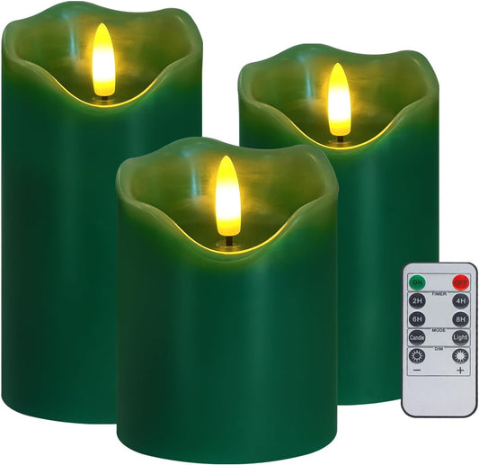 Flameless Candles Lights, Set of 3 Flickering LED Candles with Remote & Timer, Dimmable Electric Pillar Candles Battery Operated, Green Candles for Home St. Patrick’s Day Christmas Decor (Green)