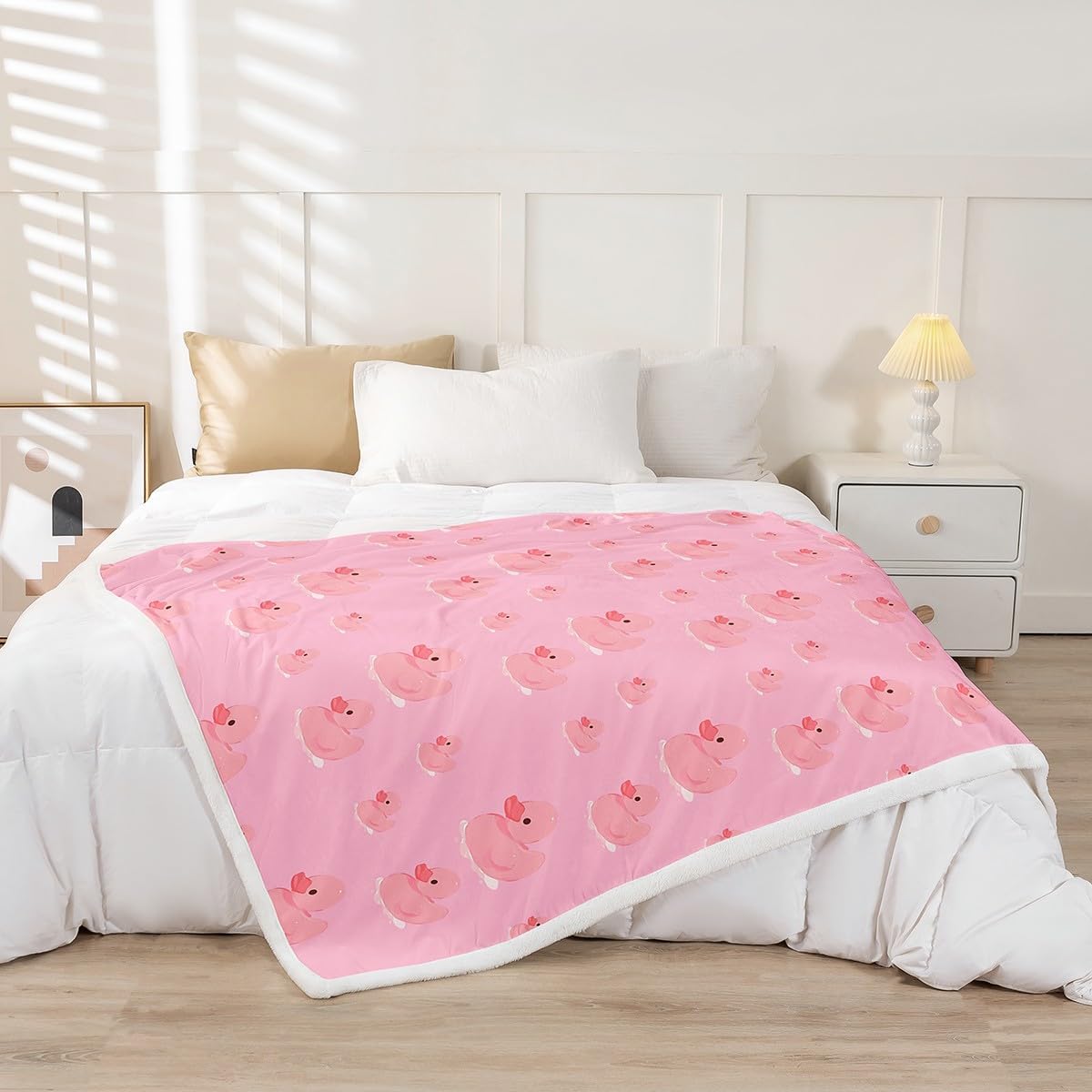 Pink Duck Throw Blanket,Farm Animals Fleece Blanket,Cartoon Duck Blankets for Kids Girls Teens Boys Room Decor,Fashion Pink Print Sherpa Blanket,for Chair/Sofa,40"×50"