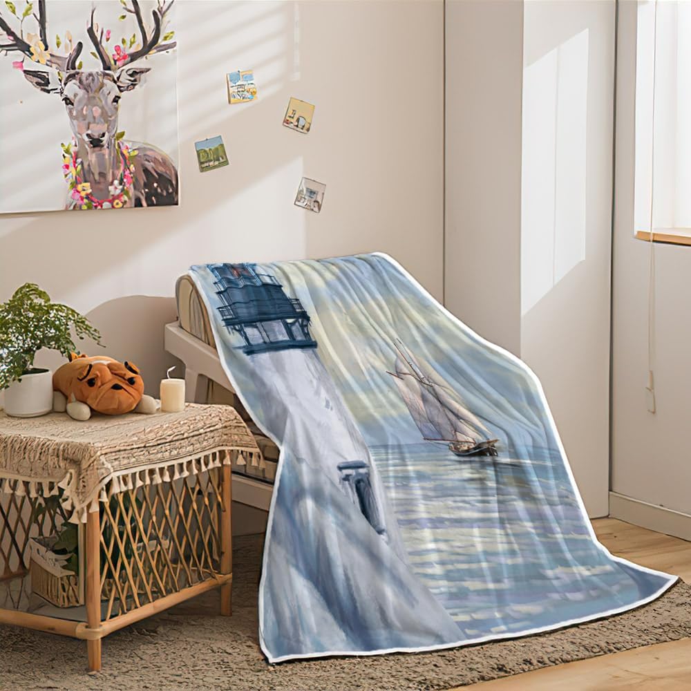 Coastal Lighthouse Throw Blankets, Sunrise Blue Ocean Warm Cozy Flannel Blanket, Sailboat Nautical Blanket for Sofa Camping Couch Bed Travel 50X60 inch
