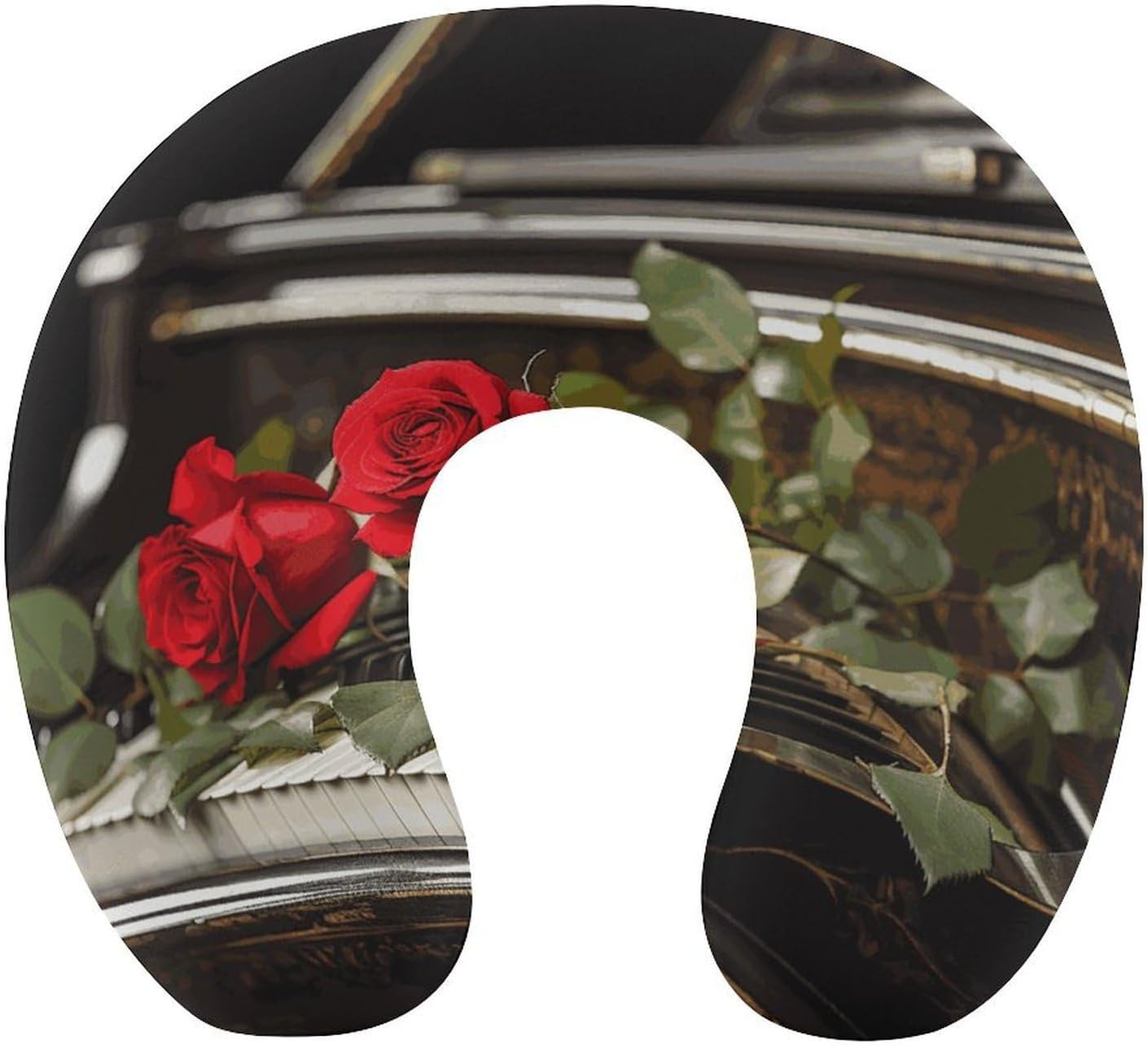 Red Rose on Piano Neck Pillow Memory Foam U Shaped Pillows Portable Pillows for Shoulder Travel Head Support Pillow with Concealed Zipper for Airplane Car Home Office