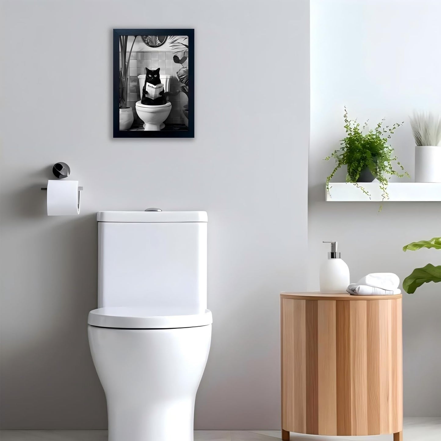 Funny Black Cat Bathroom Wall Decor, Black Cat Sitting on Toilet Reading Newspaper Wall Art, Humorous Cat Bathroom Decor, Black and White Minimalist Animal Canvas Wall Art for Restroom, Wood Framed 8x10