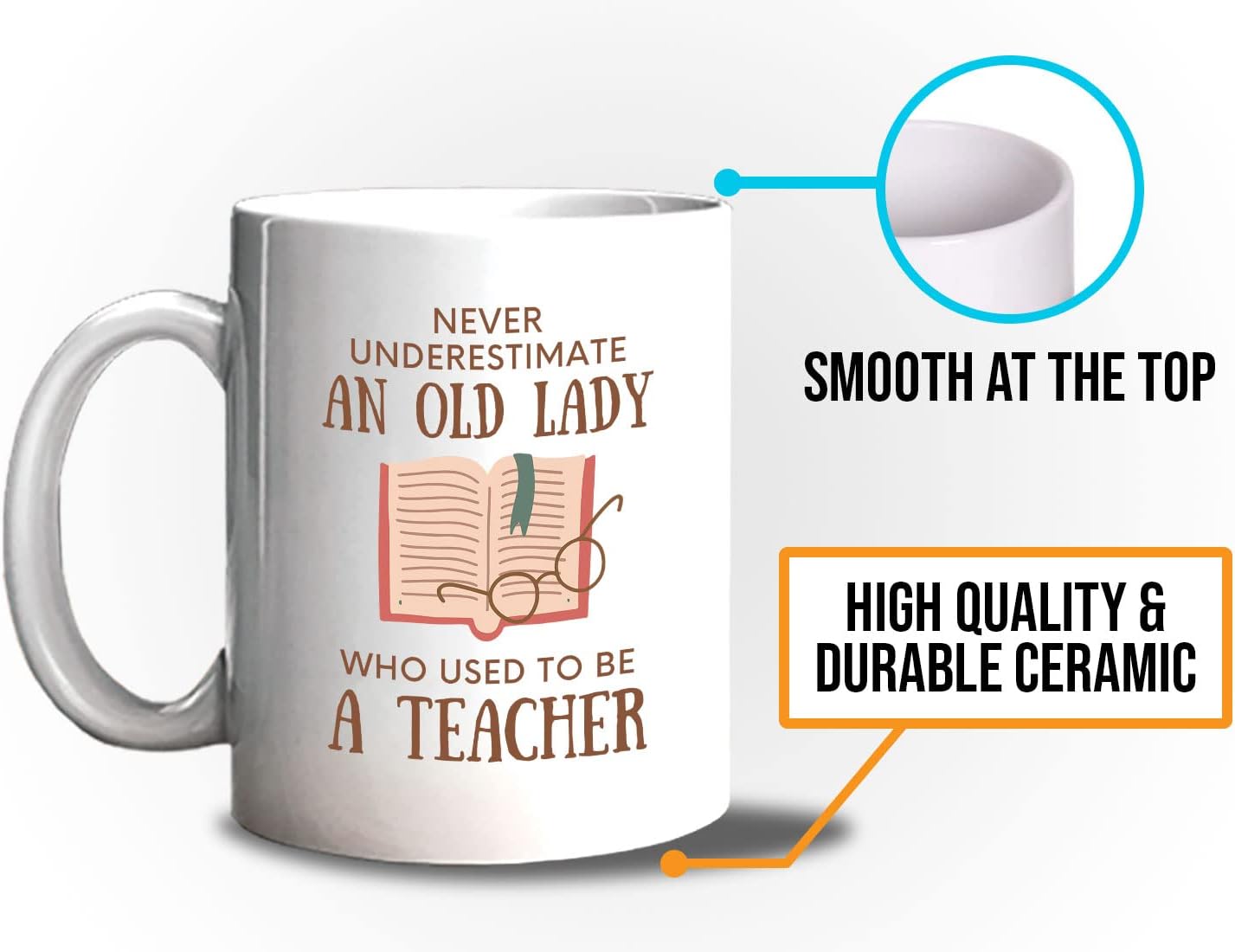 Bubble Hugs Book Lover Coffee Mug 11oz White - Never Underestimate Old Lady - Reading Reader Grandma Retired Teacher Book Lover Bookish Novelist Librarian Writer
