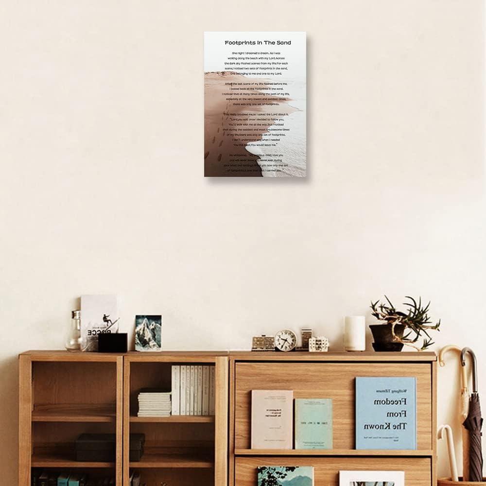 Footprints In The Sand Wall Art Religious Poem Wall Art Retro Canvas Framed Motivational Quotes Poster Painting Pictures Home Decor Framed (12x18 inch)