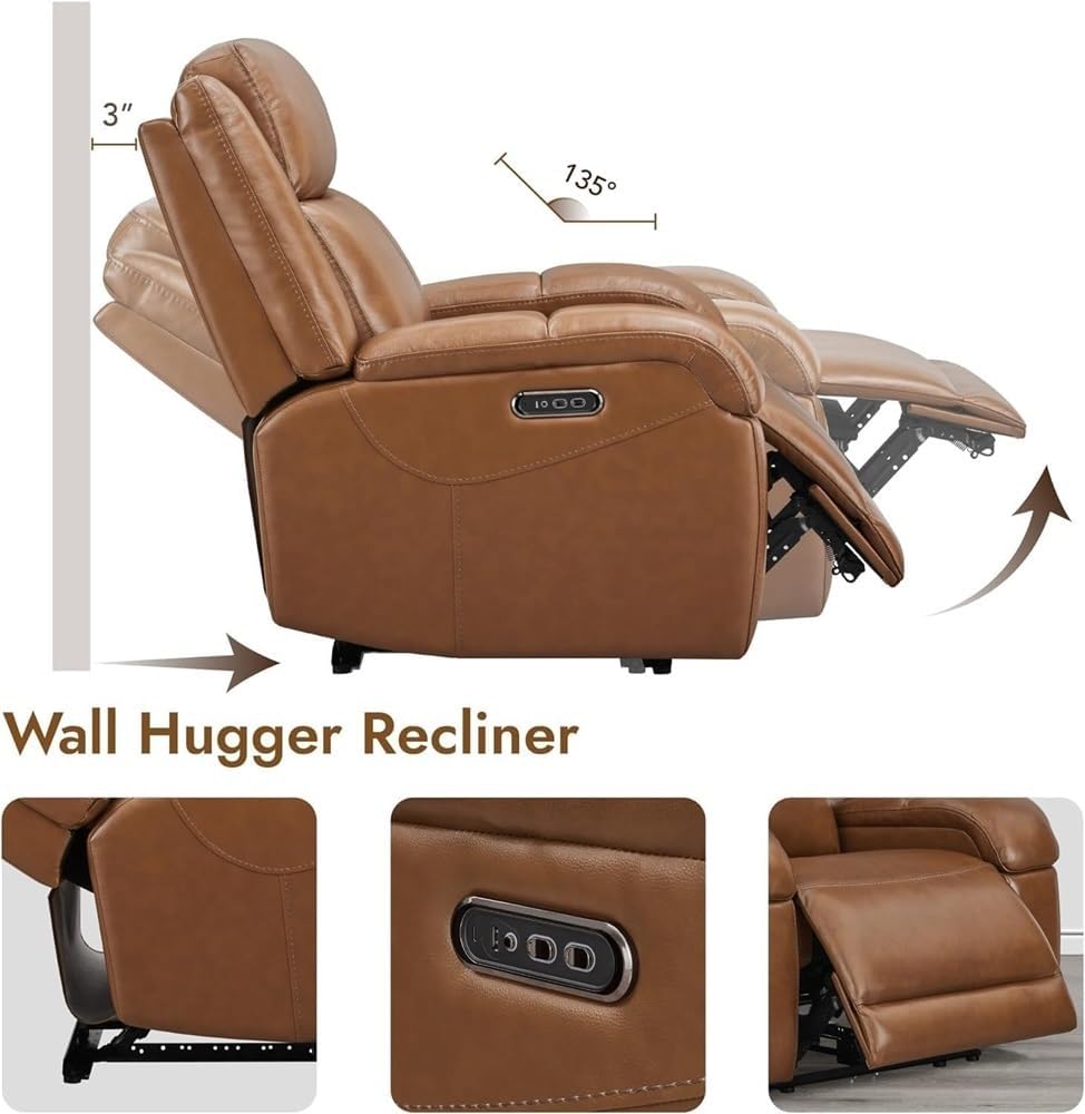 Electric Power Recliner Chair for Adults with Adjustable Headrest, USB Charging Ports, Modern Brown Leather Lounge Armchair, Breathable Ergonomic Reclining Sofa Chair for Living Room Comfort