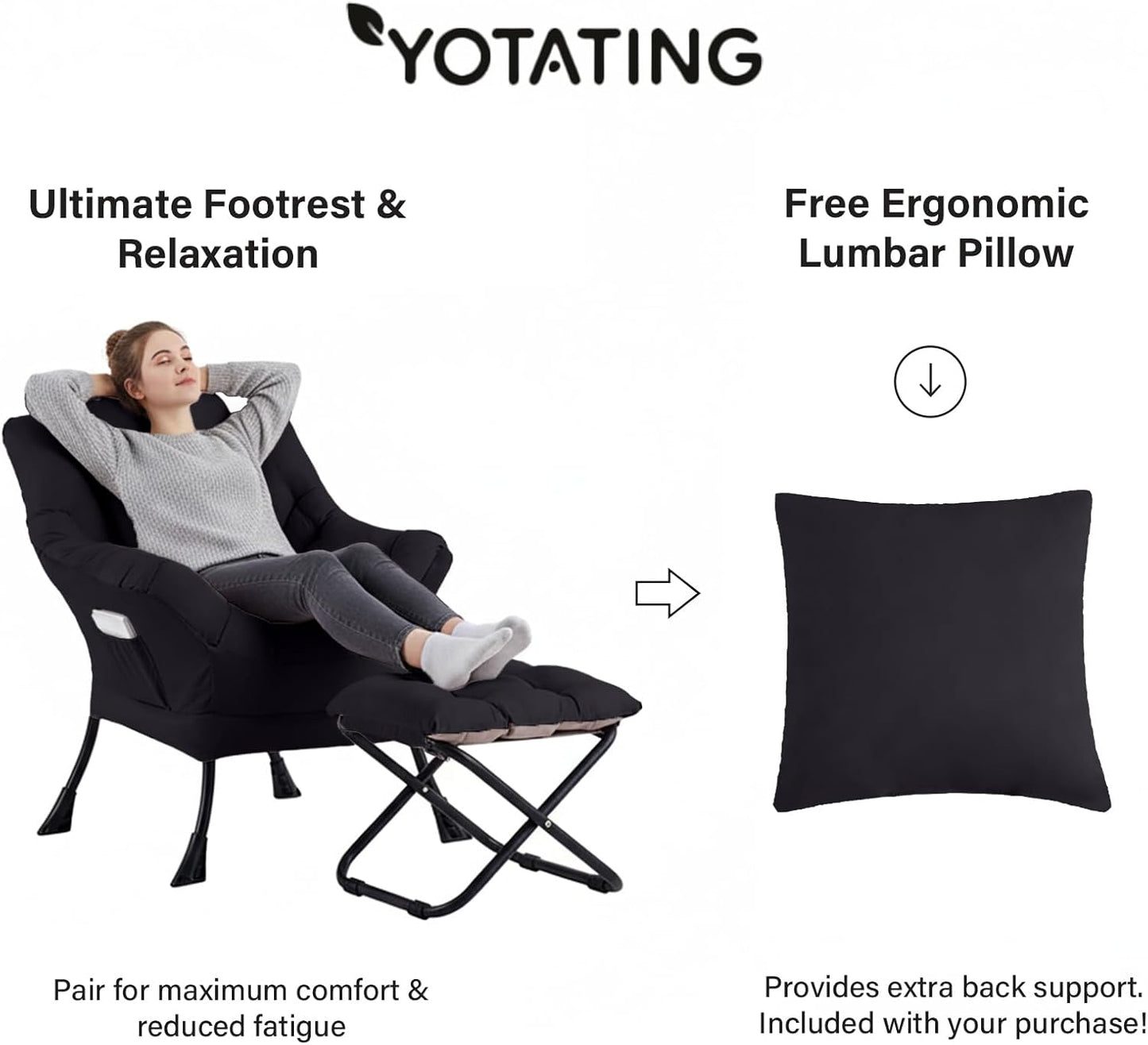 Lazy Chair with Ottoman, Modern Accent Leisure Sofa Chair with Footrest Stool & Throw Pillow, Modern Lounge Chair with Armrests for Living Room, Black