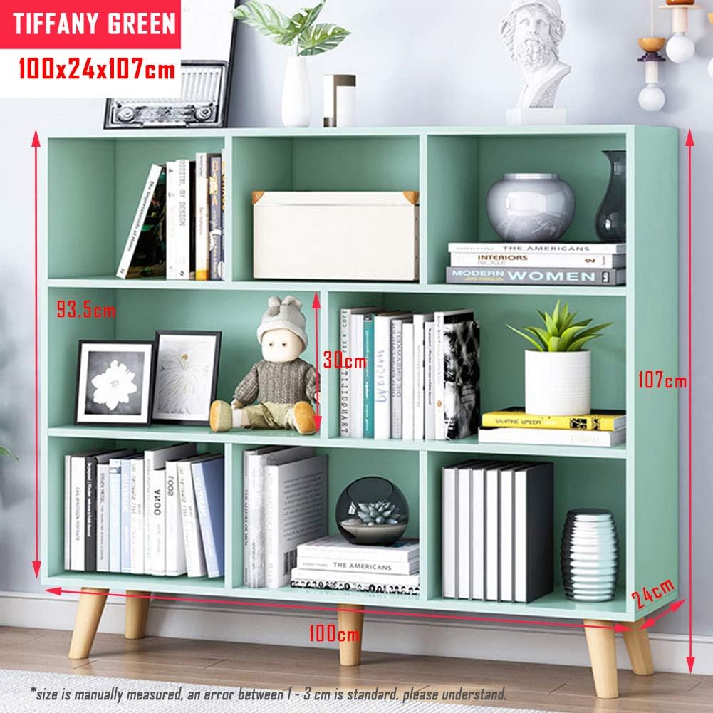 IOTXY Wooden Open Shelf Bookcase - 3-Tier Floor Standing Display Cabinet Rack with Legs, 8 Cubes Bookshelf, Tiffany-Green | Display Cabinet, Rack, with Legs, Bookshelf