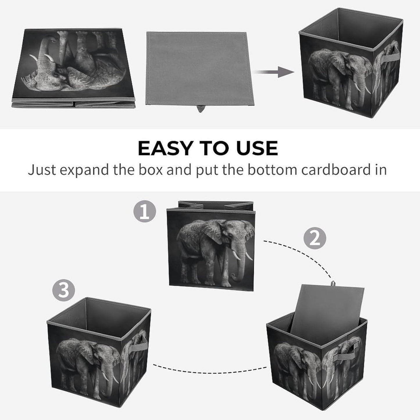 Black And White Elephant Image Storage Bins with Handles Fashion Large Storage Cubes Sturdy Foldable Storage Boxes Space-Saving Storage Baskets for Home Office Clothes Closet Organizers