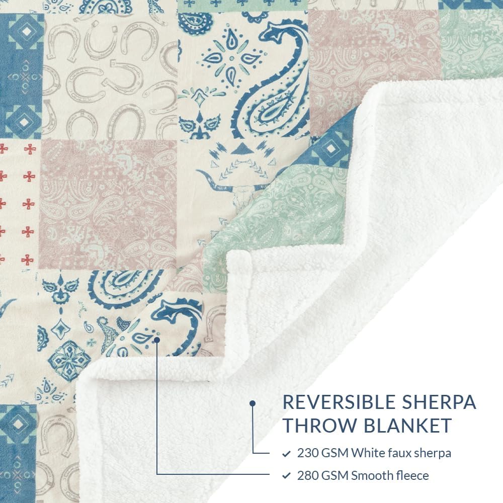 Indigo Hill by HiEnd Accents Patchwork Paisley Sherpa Throw Blanket, Bandana Longhorn Horseshoe Western Throw Fleece Blanket, Sherpa Plush Throw, Soft Blankets for Couch Sofa Bed, 54x68 inch