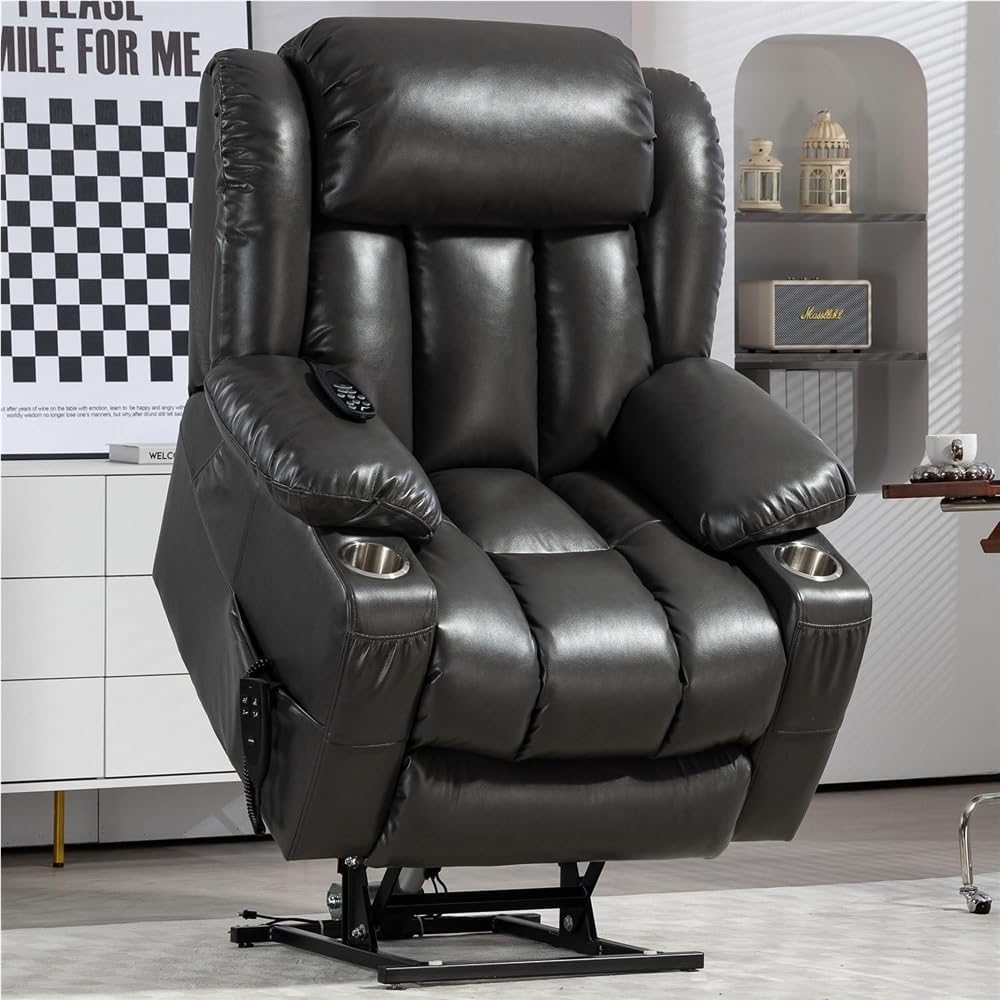 Lay Flat Power Lift Recliner Chair for Elderly with Dual Motor Massage Heating Breathable Leather Electric Lounge Chair 2 Cup Holders Remote Controls Comfortable Seating