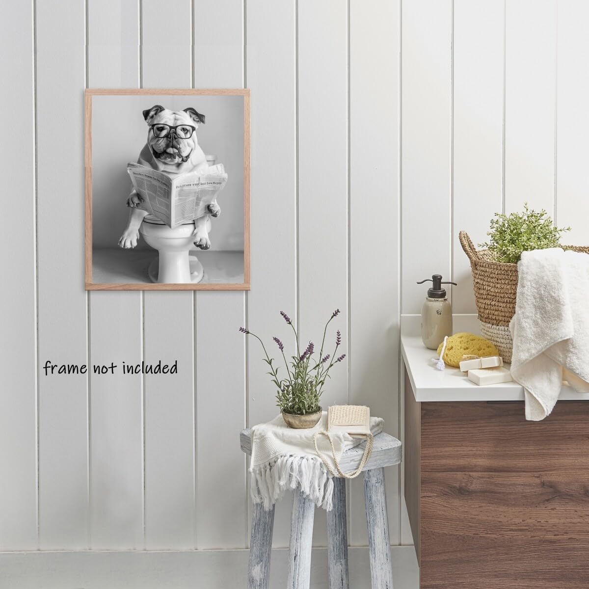 Funny Dog wall art Pitbull Sitting On Toilet Reading Newspaper Black and White Canvas Print Retro Bathroom Aesthetic Posters Pet Decor Bathroom Art Wall decor Unframed12x16inch