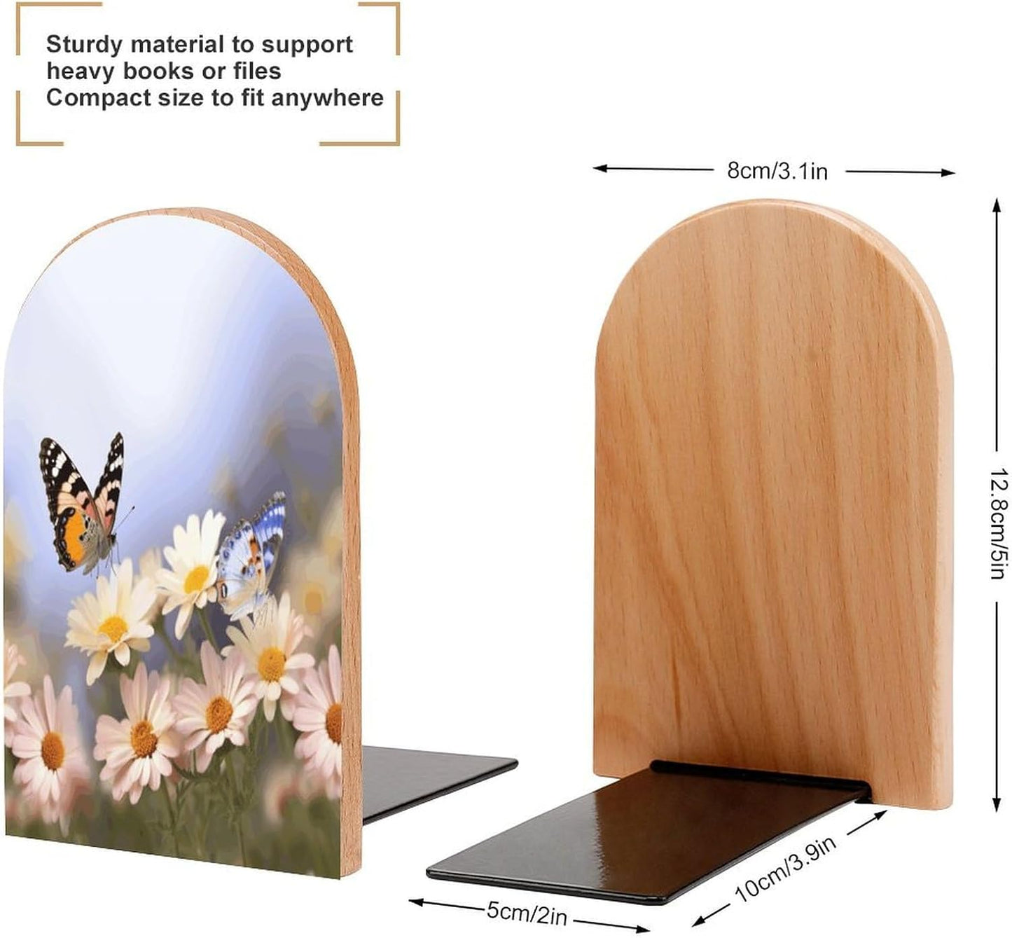 Butterfly Daisy Bookends 1 Pair Heavy Duty Book Ends for Shelves Non-Skid Bookend Supports Wooden Book Holders with Metal Base Desk Organizers Books Storage to Hold Books