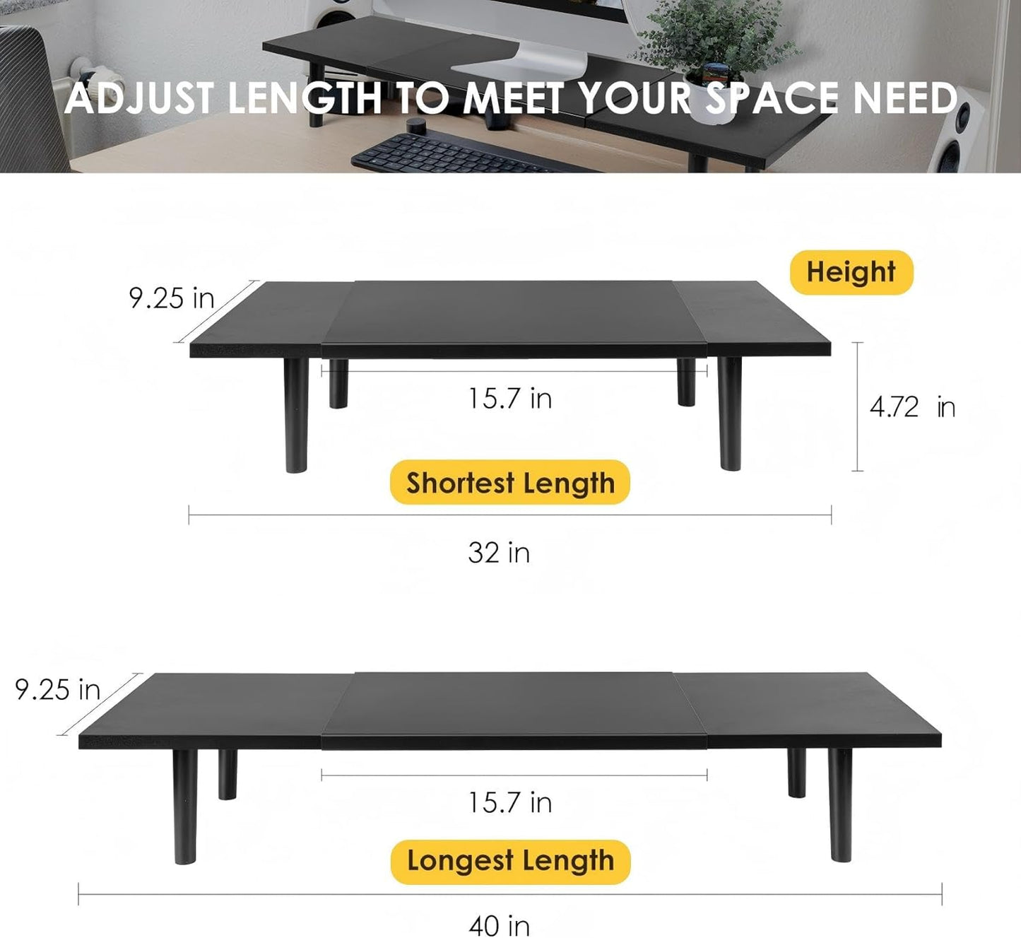 Dual-Monitor-Stand-Riser-For-Desk Adjustable Length 32-40 Inch，Large Desktop Computer Monitor Riser For 2 Screens，Desk Shelf Organizer Riser Stand For Computer/Laptop/PC/Printer/TV Black