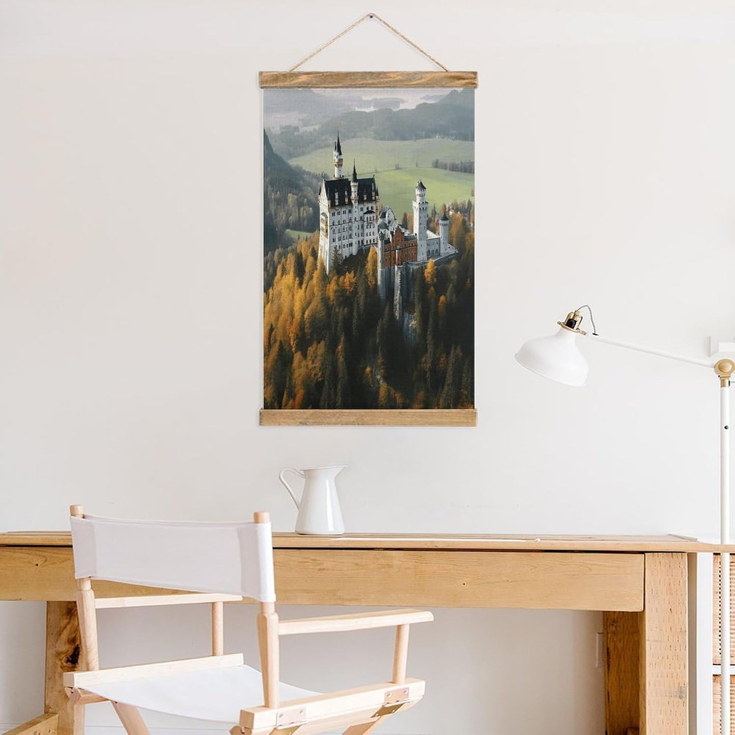 Vintage Germany Neuschwanstein Castle Poster with Wooden Frame Personalized Linen Hanging Scroll Painting Rustic Wall Hanging Illustrative Modern Artwork Decor for Home Living Room Bedroom Office
