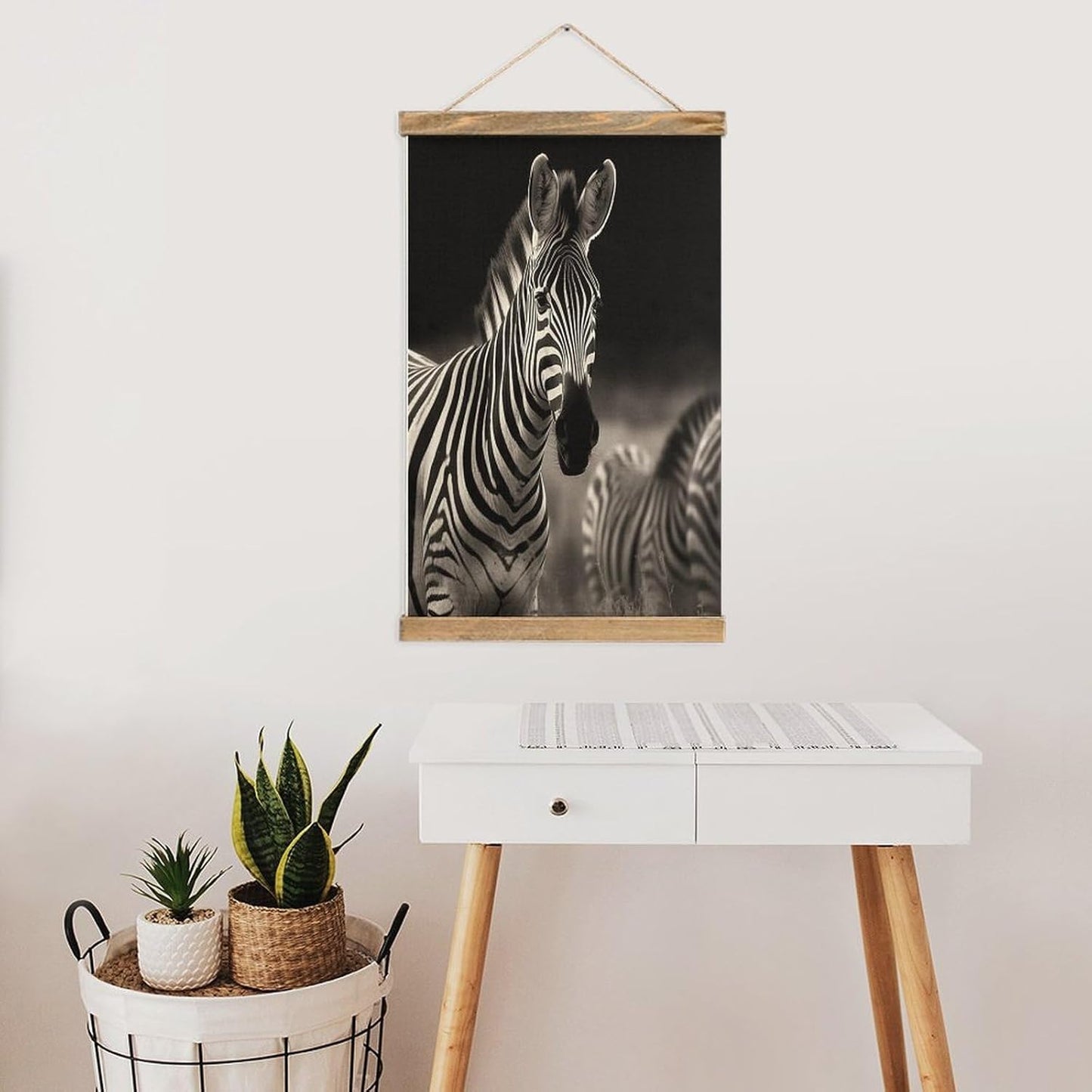 Vintage Wild Animals Zebra Poster with Wooden Frame Personalized Linen Hanging Scroll Painting Rustic Wall Hanging Illustrative Modern Artwork Decor for Home Living Room Bedroom Office