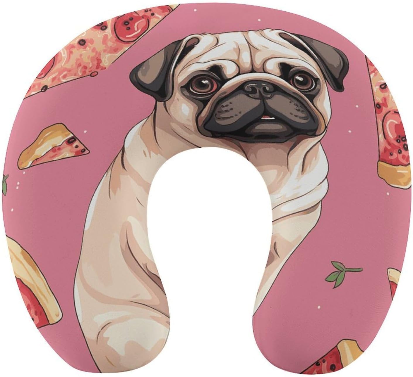 Pug Pizza Pink Neck Pillow Memory Foam U Shaped Pillows Portable Pillows for Shoulder Travel Head Support Pillow with Concealed Zipper for Airplane Car Home Office
