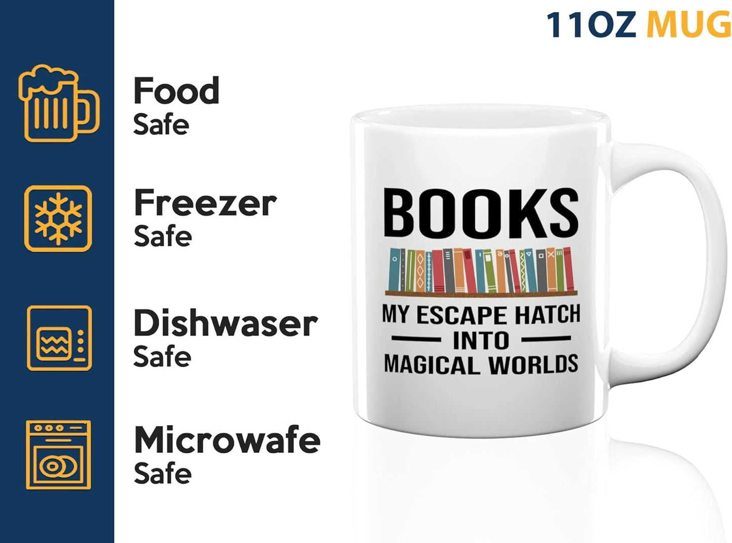 Book Lover Coffee Mug 11oz White -Escape Hatch - Writer Editor Bookish Librarian Bibliophile Bookish Grammar Philosophers