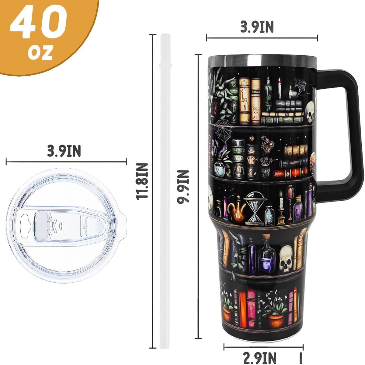 Book Lovers Gifts 40oz Book Lover Tumbler Halloween Goth Skull Bookshelf Coffee Travel Mugs Christmas Insulated Cup Gifts for Women Readers,Reading,Bookish,Librarian