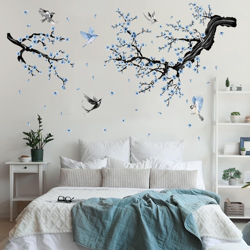 Blue Floral Wall Sticker Hanging Flower Vine Room Decor Large Tree Branch Wall Decals Peel and Stick Birds Wall Stickers for Bedroom Living Room