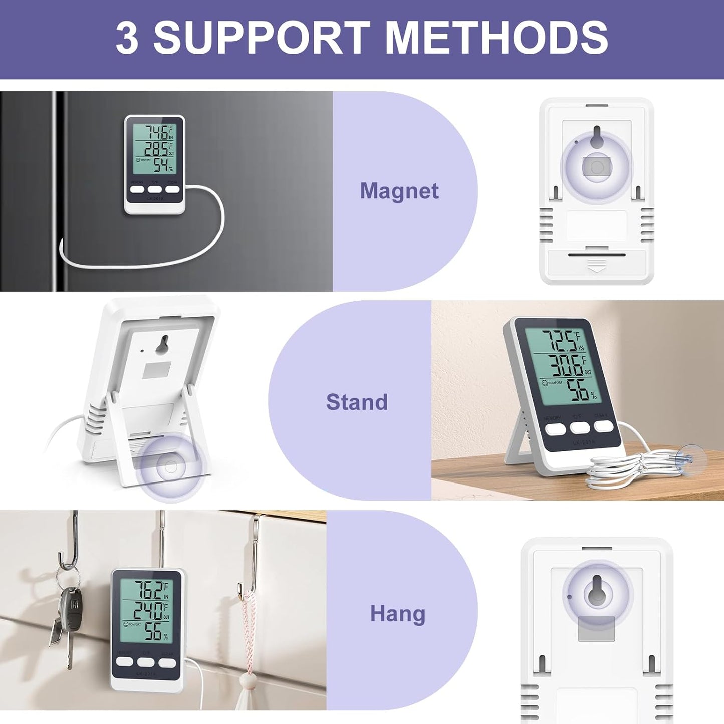 JXTZ Refrigerator Thermometer with External Sensor, LCD Display Indoor Temperature and Humidity Gauge, Fridge and Freezer Thermometer, Max/Min Temperature in 24H, for Aquarium, Refrigerator, Freezer