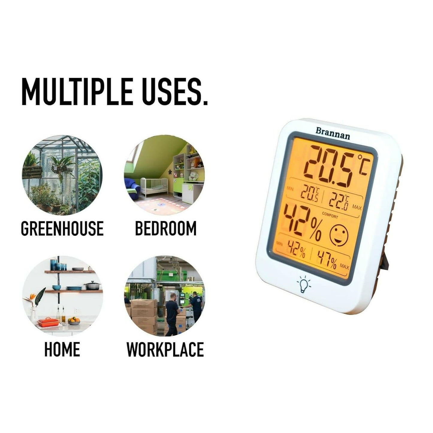 Brannan Digital Room Thermometer Hygrometer Indoor Humidity Meter Accurate Temperature Max Min Recording Backlight LCD Display Monitor Home Office Baby Room Nursery Greenhouse