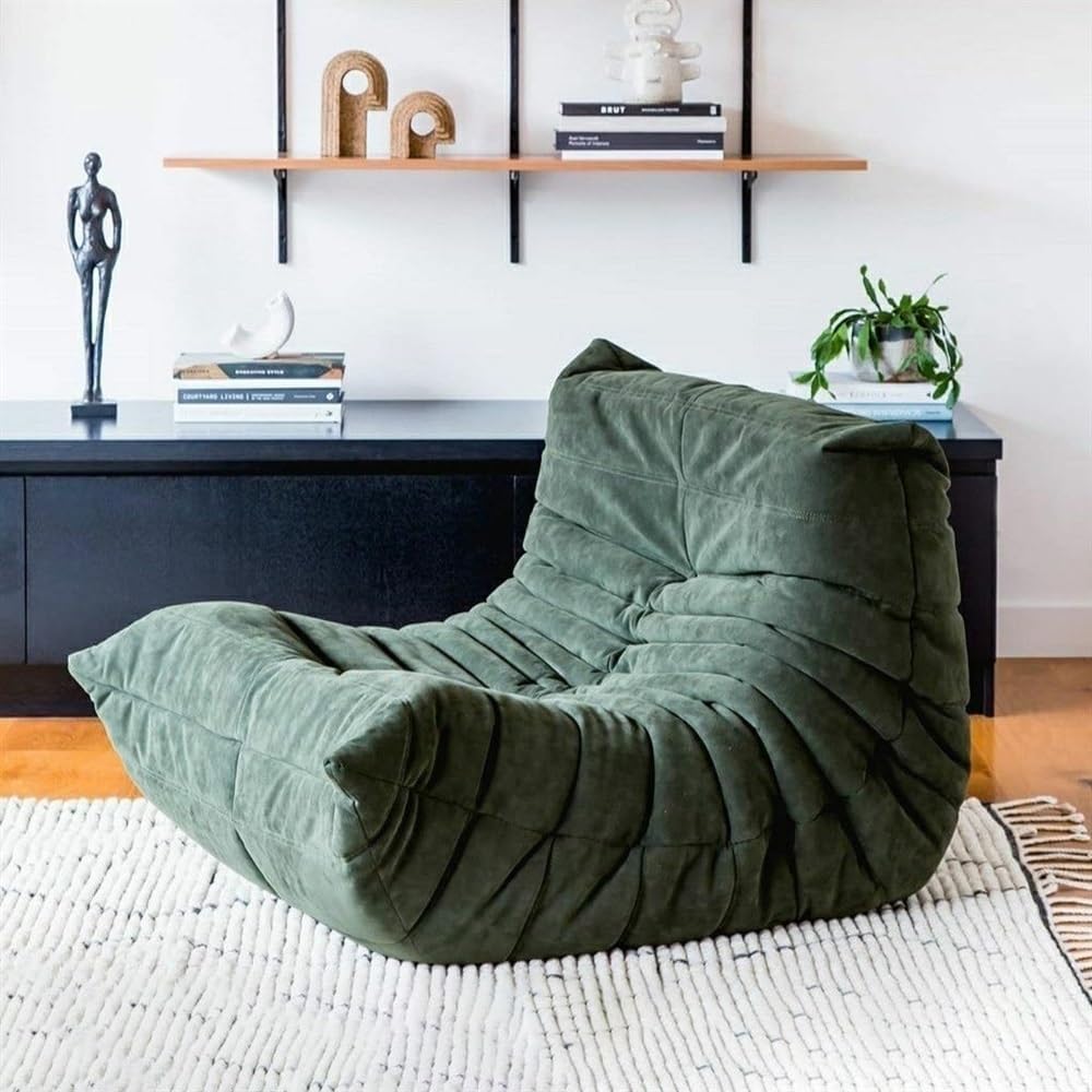 Fireside Modern Lounge Bean Bag Chair - Single Sofa Lazy Couch for Living Room & Bedroom - Dark Green Suede, One Size