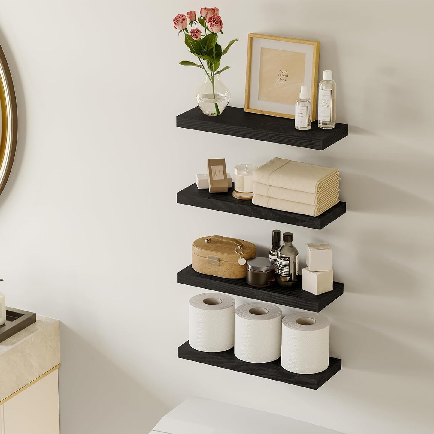 Fixwal Floating Shelves, Wall Mounted Rustic Wood Shelves for Bathroom, Living Room, Bedroom and Kitchen, Wall Shelves for Storage,Books,Room Decor (Black, Set of 4, 15.8 Inch)