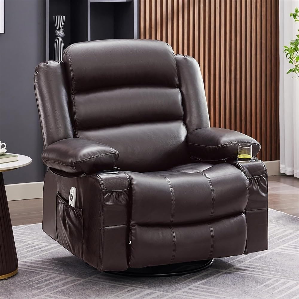 360° Swivel Rocker Recliner Chair for Adults, Oversized Ergonomic Power Reclining Sofa with 2 Cup Holders & USB Ports, Leather Lounge Chair for Home Theater, Brown