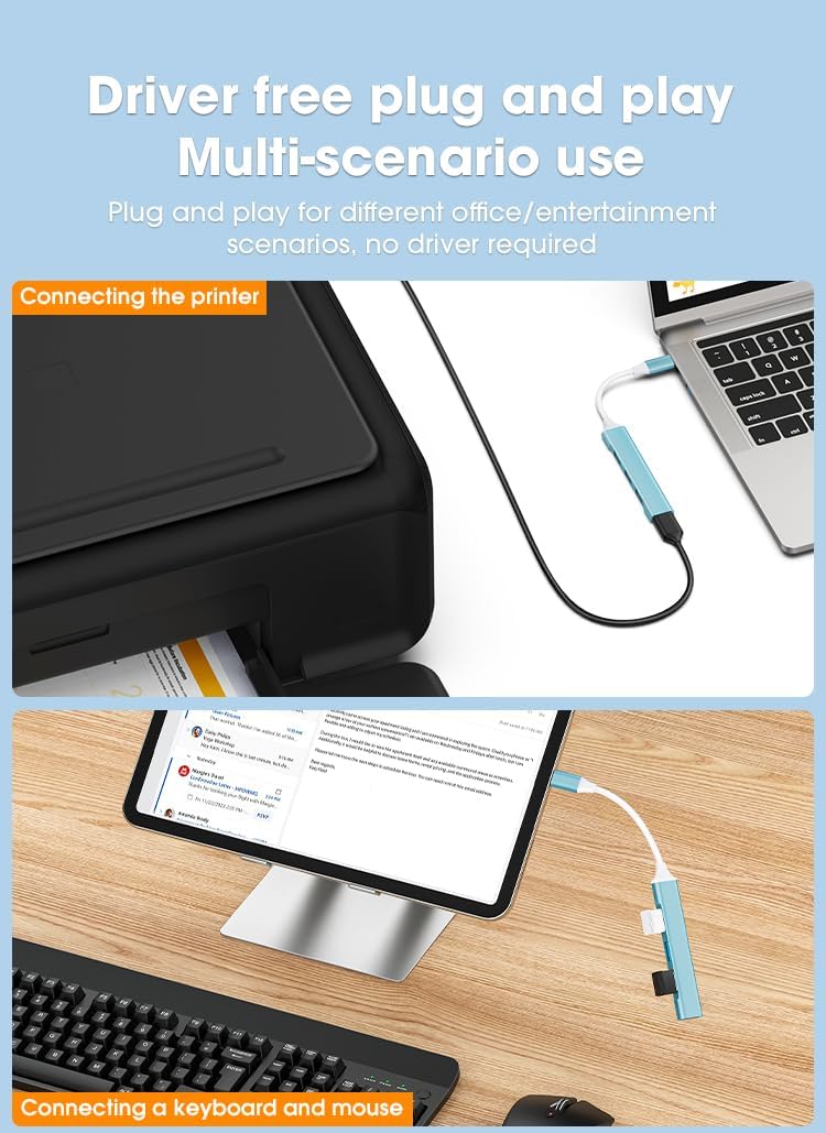 Mac USB C Adapter - Type C USB Adapter Hub with 4 Ports: 1 USB 3.0 + 3 USB 2.0, Ultra-Slim Aluminum Design, 5Gbps Transfer, Adapter for Mac USB C, Type C USB Hub (Light Blue)