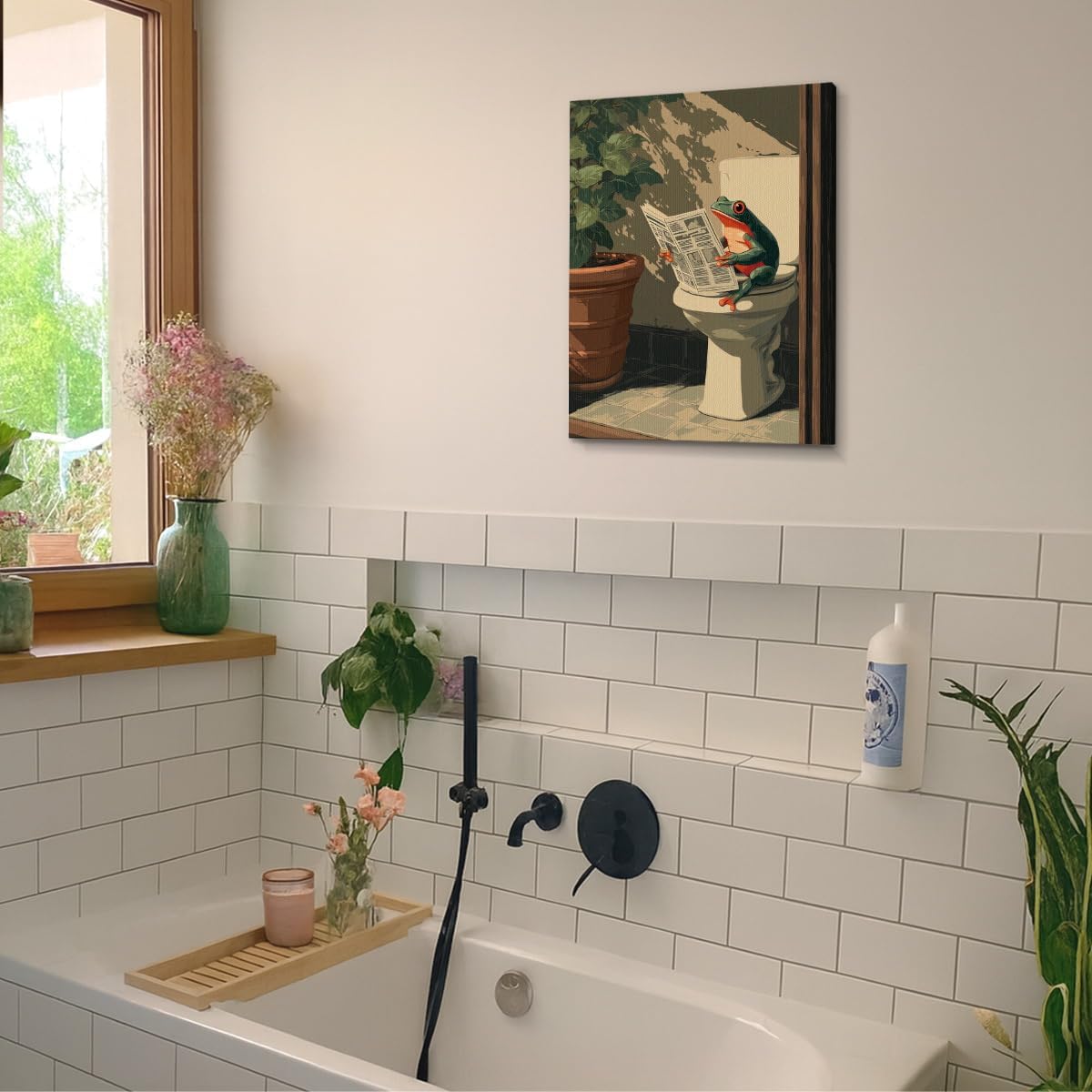 Funny Frog Print Bathroom Wall Art - Frog Reading Newspaper on Toilet Picture Poster Artwork Vintage Bathroom Wall Decor 8x10 Canvas Framed