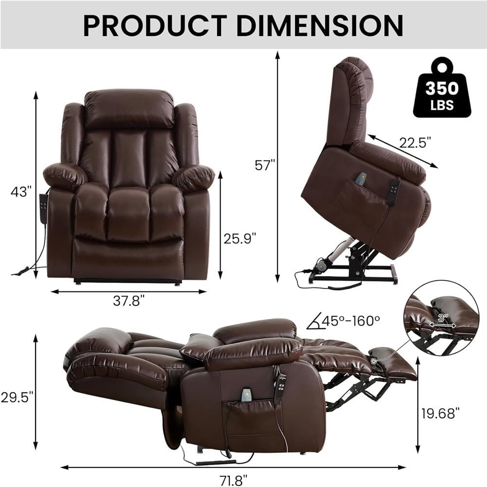 Power Lift Recliner Chair for Elderly with Dual Motor Heated Massage Electric Lay Flat Sleeping Chair Infinite Positions Remote Control Leather Recliner Extended Footrest
