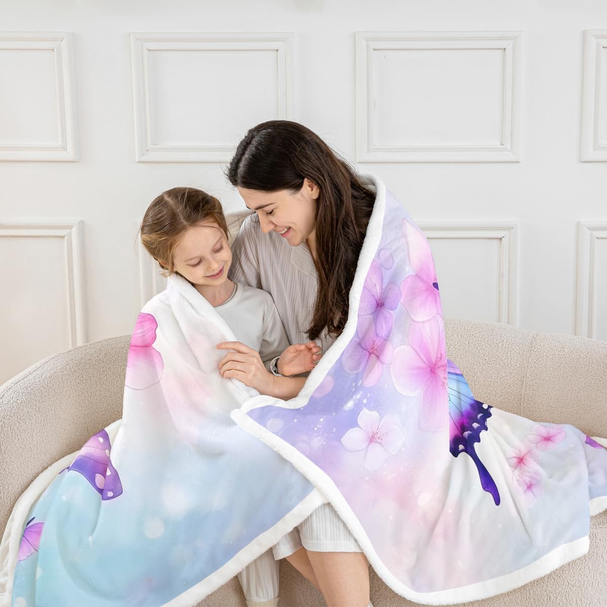 Feelyou Purple Blue Butterfly Fleece Throw Blanket Twin 60"x80" Kids Girls Sherpa Blanket Plush Fuzzy for Bed Couch Chair Living Room, Floral Flower Bed Blanket Cute Watercolor Room Decor