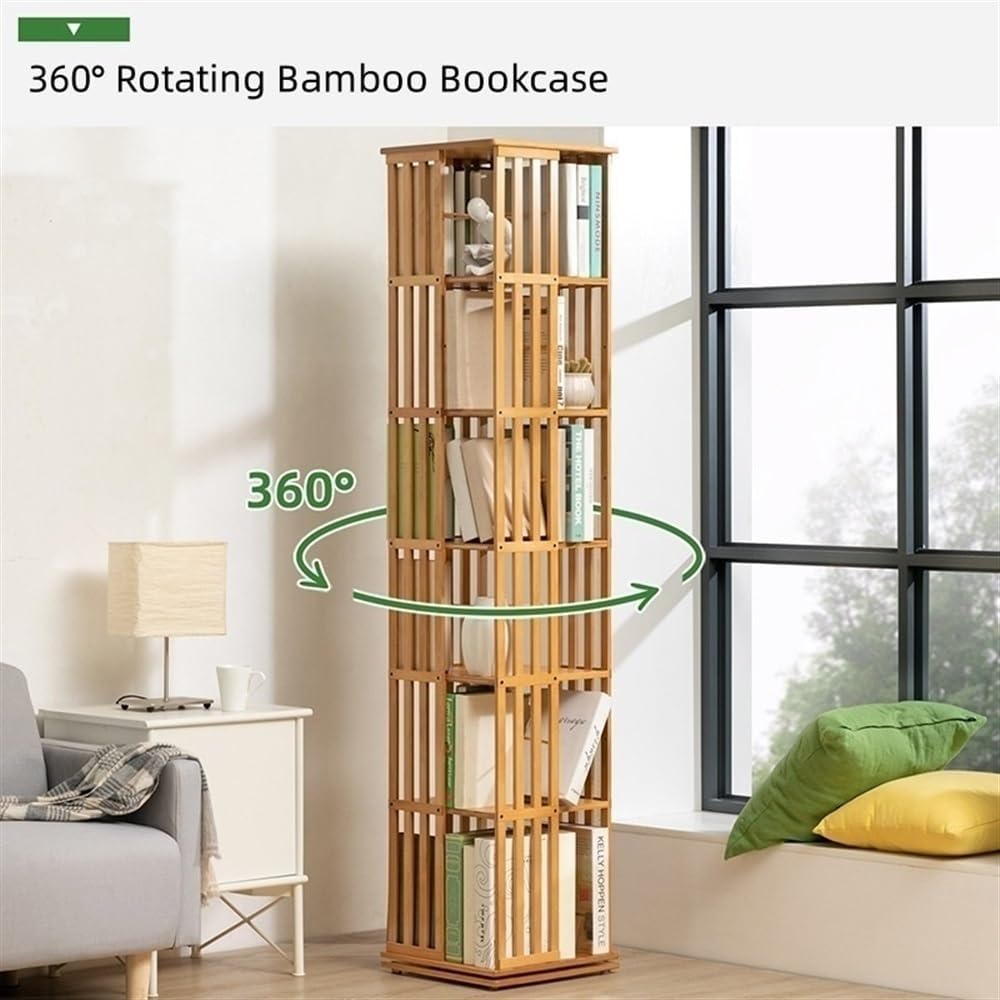 Rotating Bookshelf, 360 Degree Bamboo Bookcase, Floor Standing Wood Storage Display Rack for Living Room and Office, Freestanding Design, Versatile Narrow Storage Solution