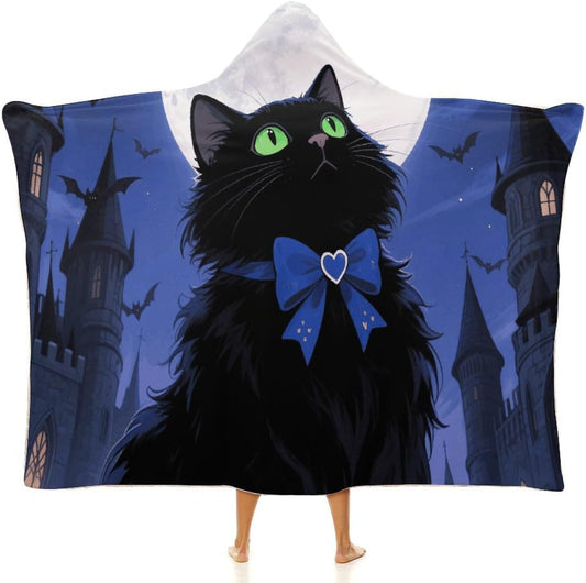 Halloween Black Cat Wearable Hoodie Blanket for Women Men Fleece Blanket with Hood Oversized Warm Cozy Gifts