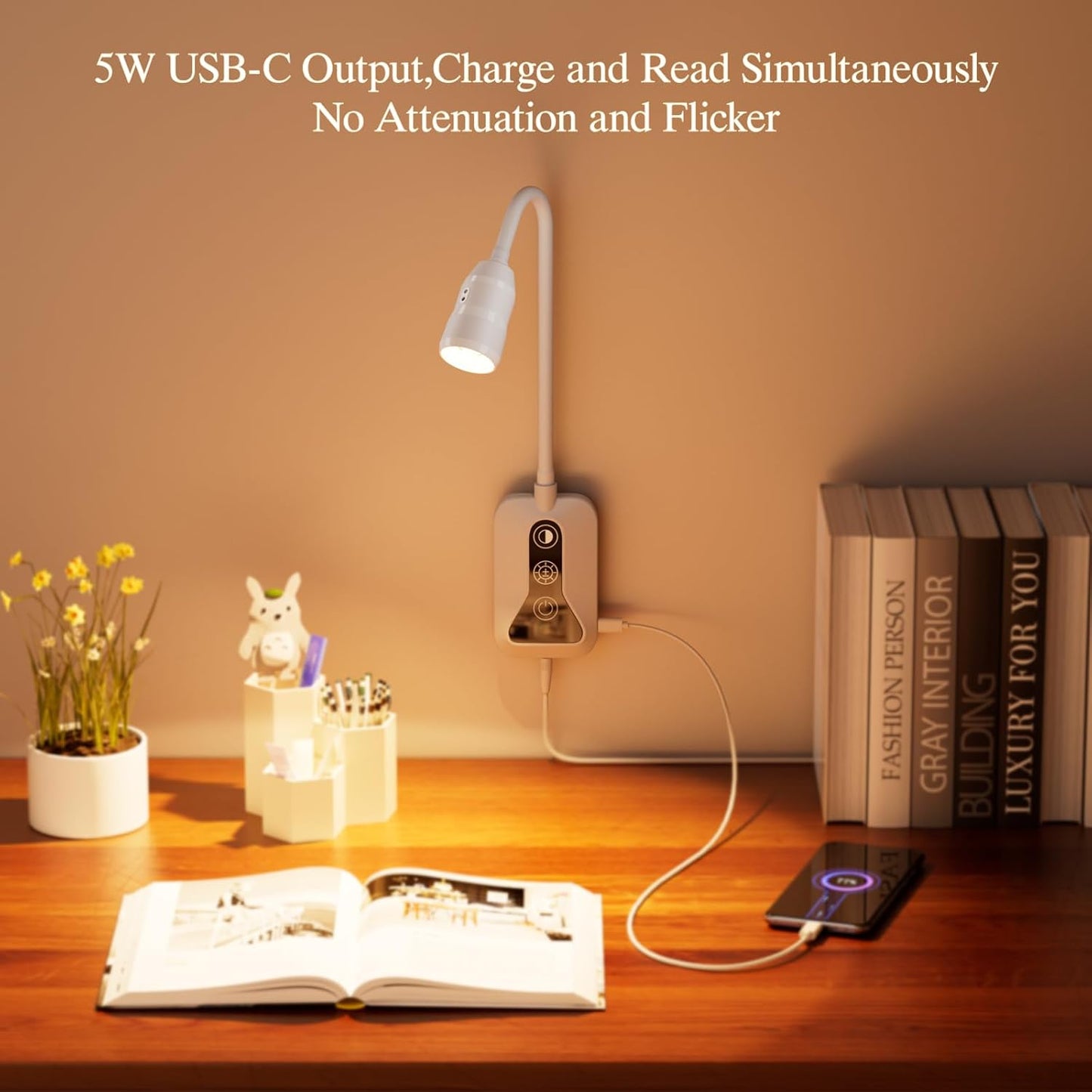 LED Wall Mounted Reading Light with Wave Sensor/Touch Switch, 5 Color & 5 Level Dimmable Touch Book Light for Reading with USB C Charging Port, Eye-Care Bedside Reading Lamp for Bed,Heaboard (White)