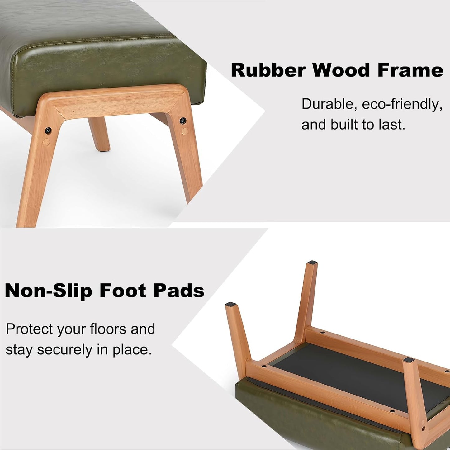 Modern Ottoman Foot Stool, Faux Leather Accent Sofa Footrest with Walnut Rubber Wood Frame, Ottoman Bench for Living Room Entryway Bedroom Sofa Seat, Hunter Green