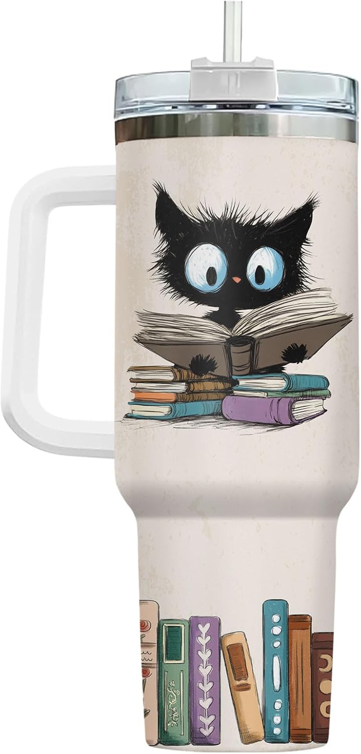 34HD Cat Book Tumbler 40oz with Handle Lid and Straw, Funny Once Upon a Time Girl Loves Bookish Items Vacuum Insulated Travel Mug, Birthday & Mother's Day Gifts for Pet Lovers & Him Her