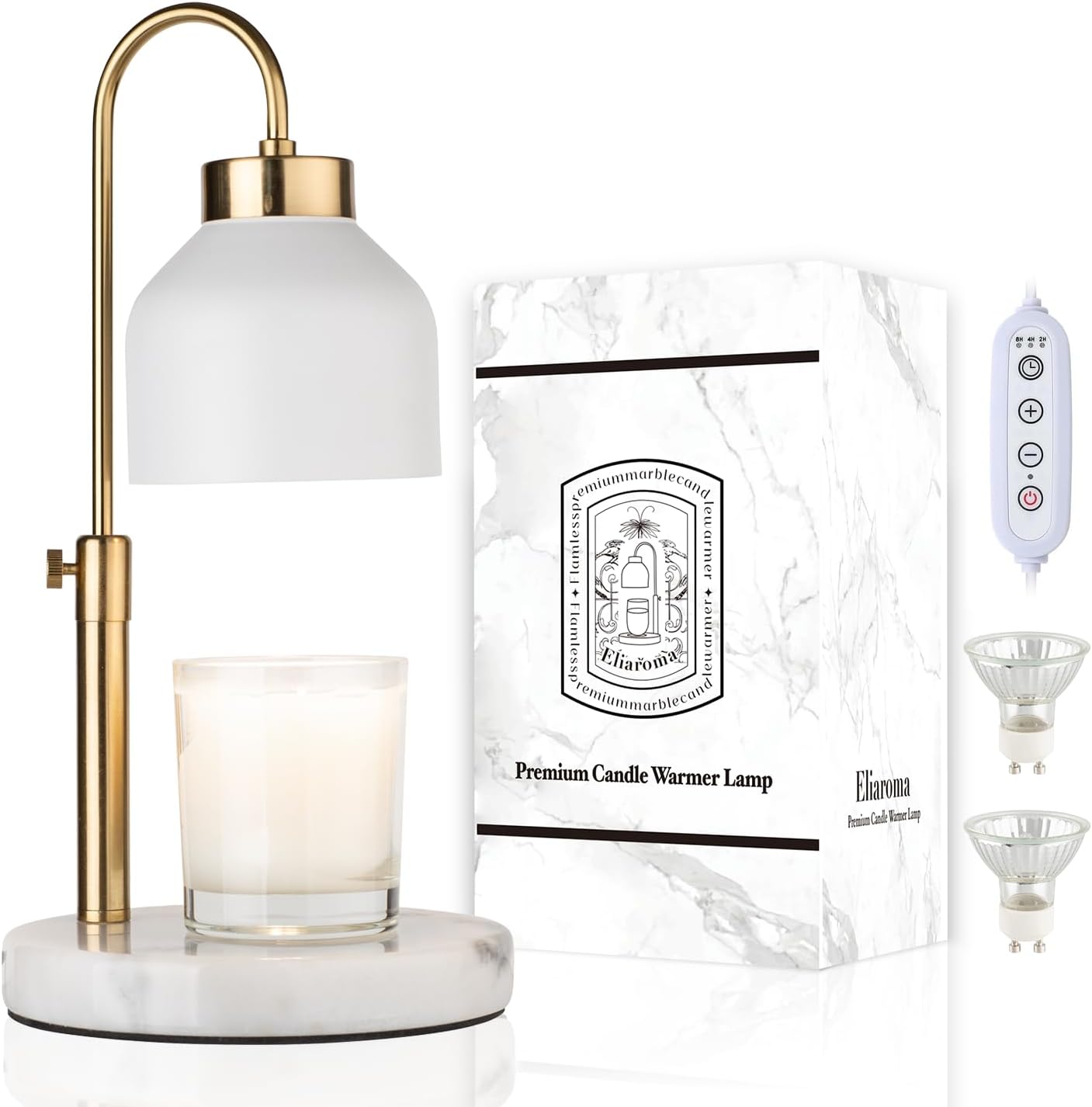 Marble Candle Warmer Lamp with Timer & Dimmer - Adjustable Height Electric Wax Melt Warmer fit for All Jar Candle Sizes, Premium Marble Base - Flameless Fragnance Lamp for Home Decor & Gifts