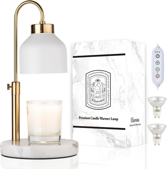 Marble Candle Warmer Lamp with Timer & Dimmer - Adjustable Height Electric Wax Melt Warmer fit for All Jar Candle Sizes, Premium Marble Base - Flameless Fragnance Lamp for Home Decor & Gifts