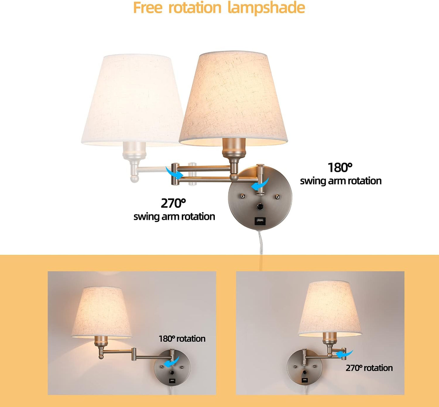 Swing Arm Wall Lamp Wall Mount Lamp with Cord Plug in Wall Sconce Lighting with Dimmable On Off Switch Wall Light with USB Port Plug in Wall Lamp for Bedroom Reading Satin Nickel Finish