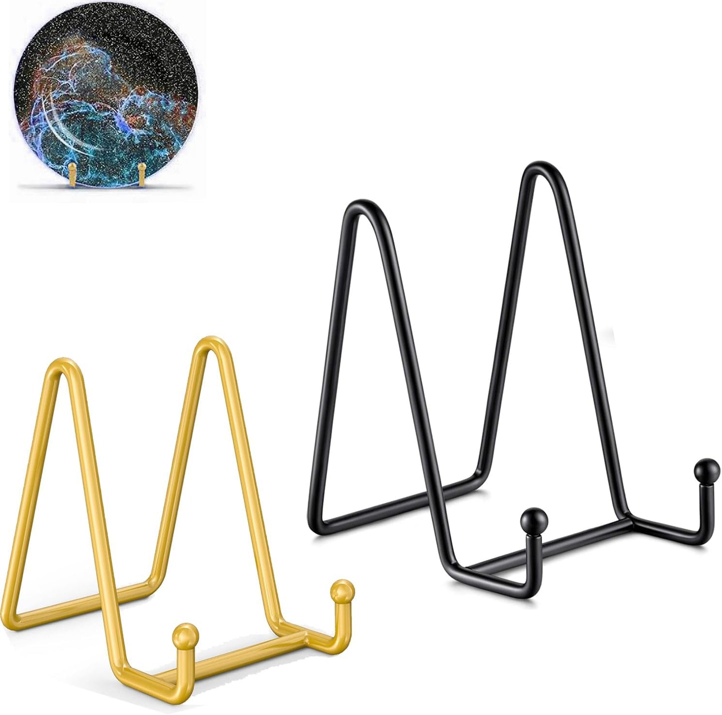 Plate display stand 3 Inch Gold 3‘’ & plate display holder4‘’ 4 Inch Black Metal Plated Kitchen Book Holder/Stand, Wire Metal Easel, Small Photo Stands for Table, Display for Picture Frames, Plaques, & Plates