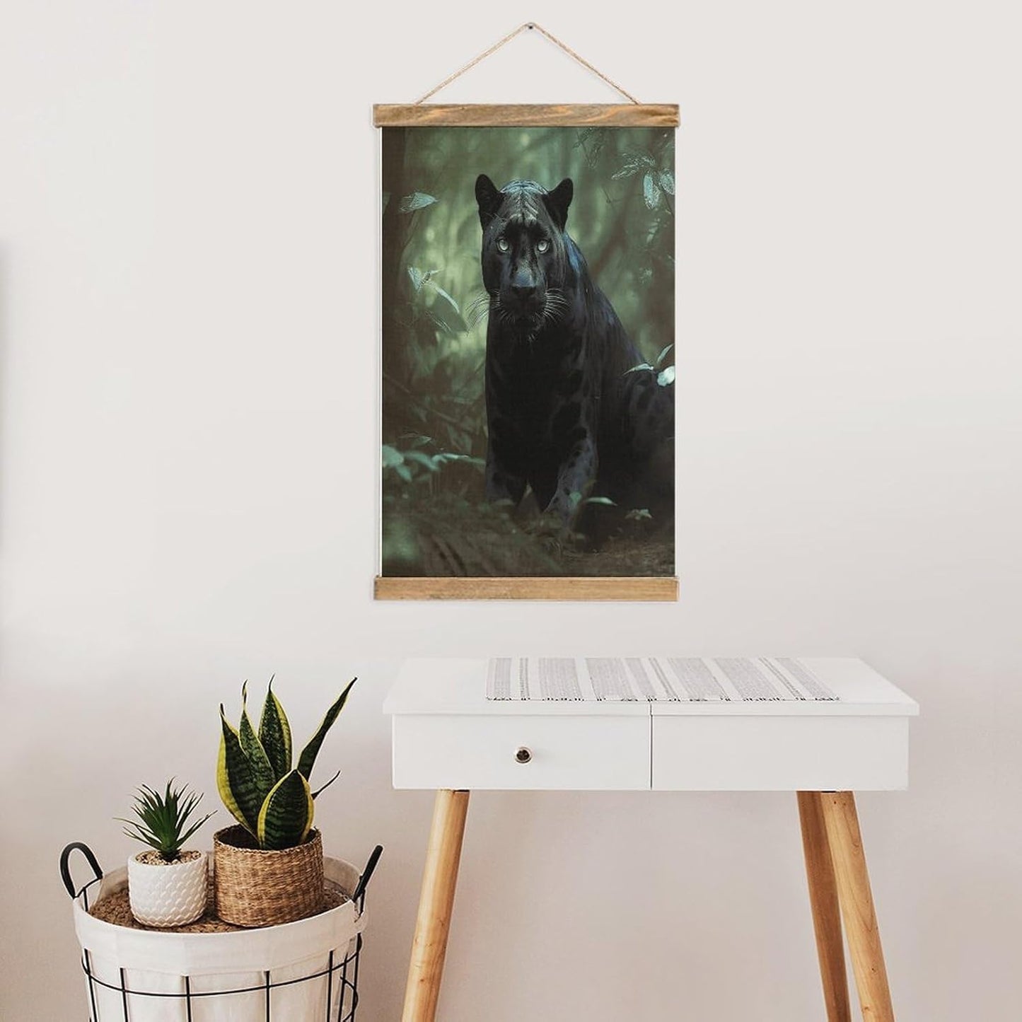 Vintage Forest Panther Poster with Wooden Frame Personalized Linen Hanging Scroll Painting Rustic Wall Hanging Illustrative Modern Artwork Decor for Home Living Room Bedroom Office