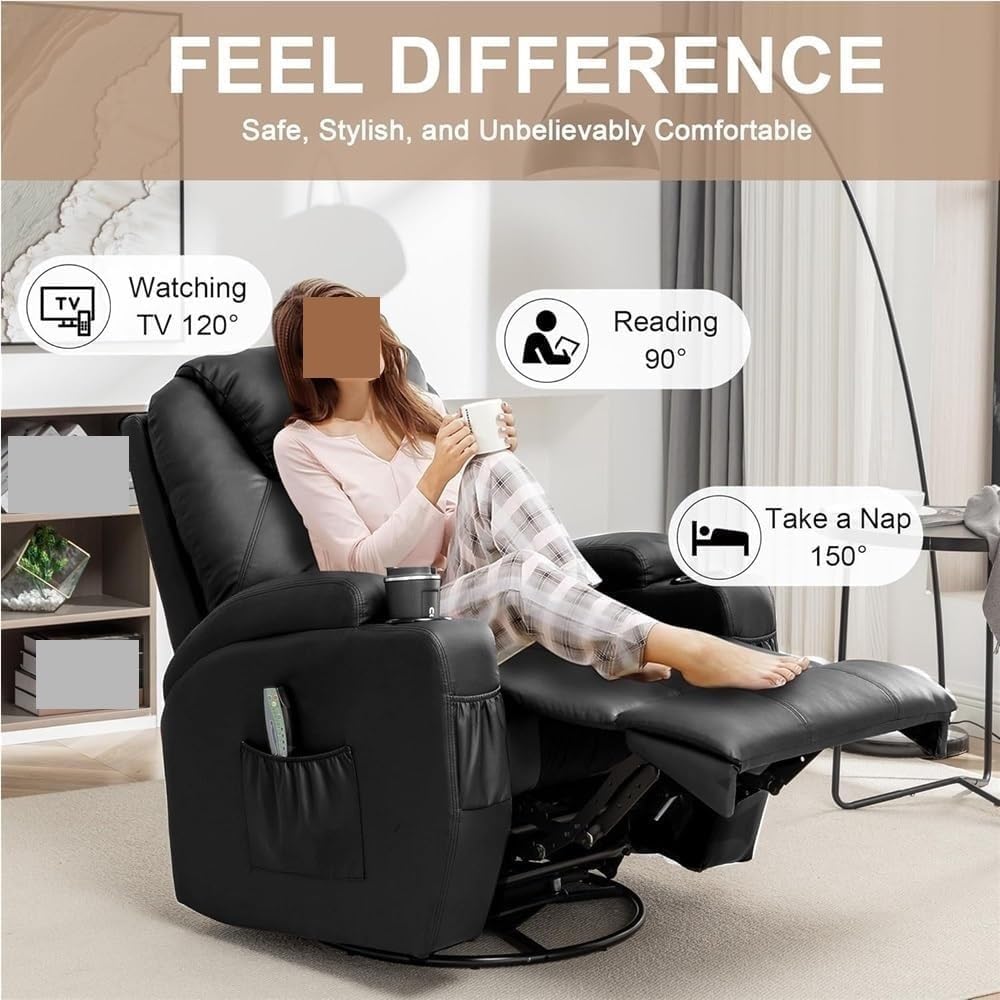 Electric Power Recliner Chair with Massage and Heat – Overstuffed Swivel Rocker Recliner with Vibration Massage, Ultimate Relaxation Single Sofa for Living Room, Home Theater, Adult Comfort Seating