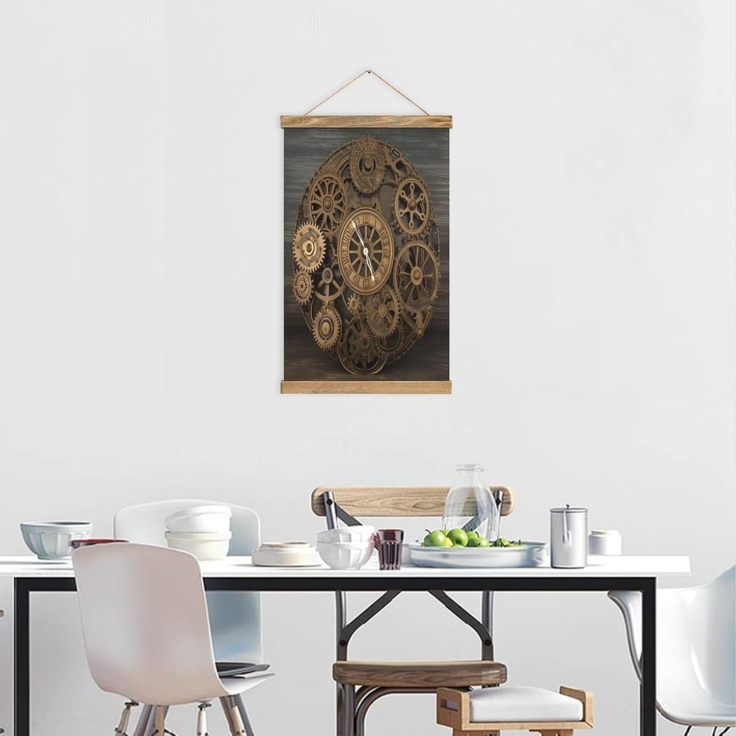 Vintage Steampunk Gears Clock Poster with Wooden Frame Personalized Linen Hanging Scroll Painting Rustic Wall Hanging Illustrative Modern Artwork Decor for Home Living Room Bedroom Office